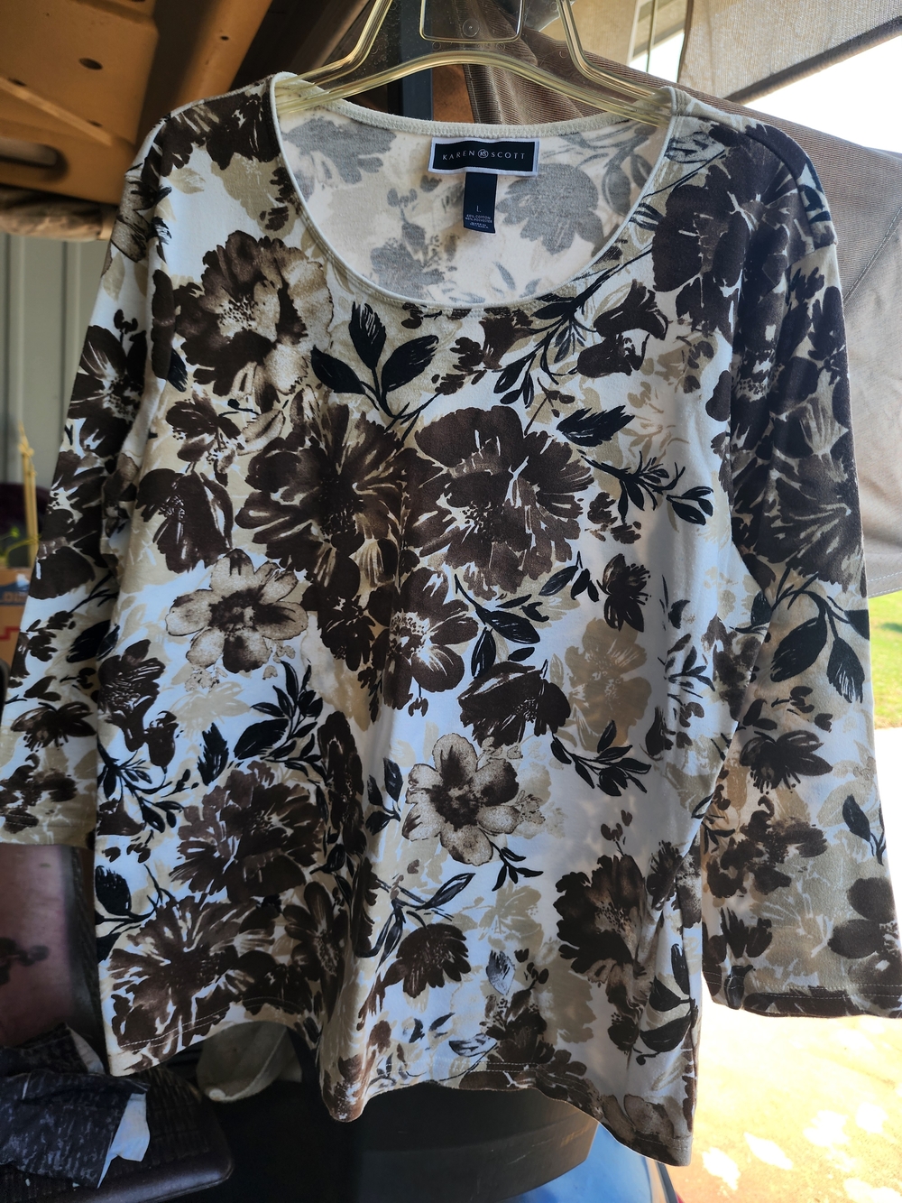 Karen Scott Brown and Cream Artsy Design  Floral Scoop Neck Top L
